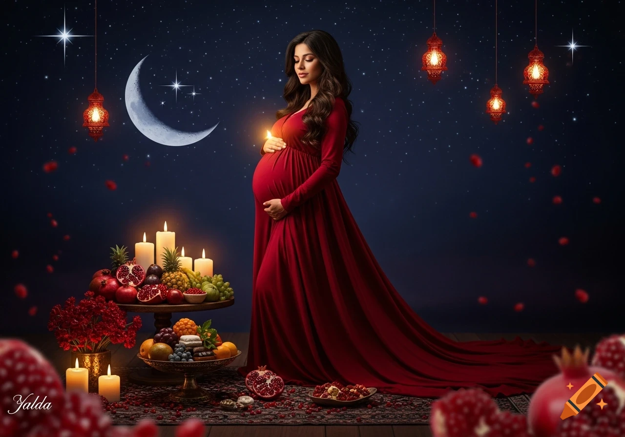 A pregnant woman in a flowing red dress holds a candle, surrounded by fruits, candles, and lanterns under a starry night sky with a crescent moon, reflecting a Yalda theme.