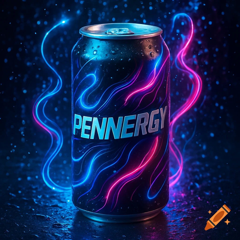 A dark energy drink can with 'PENNERGY' in blue text, surrounded by glowing blue and pink neon lights on a dark, wet surface.