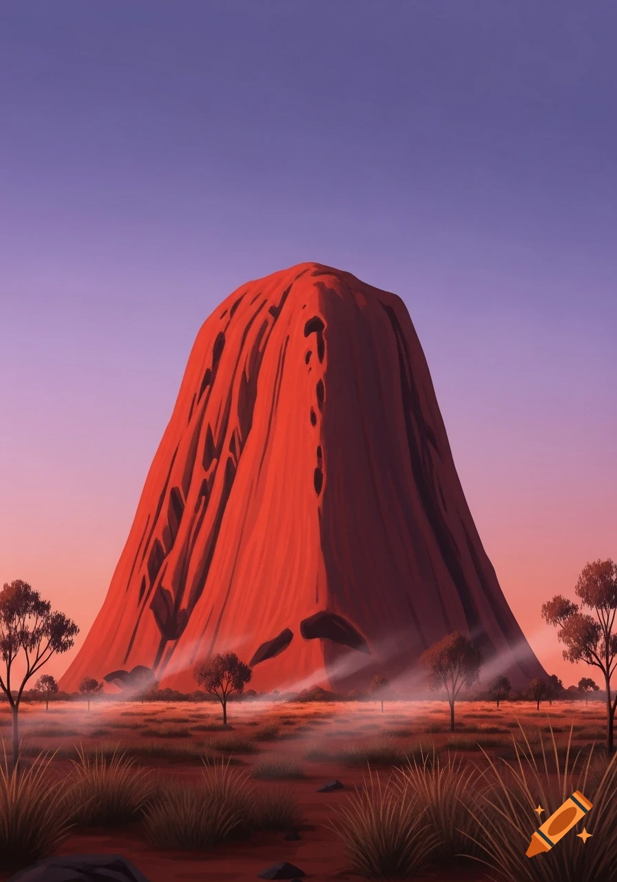 Stylized illustration of Uluru, a massive red rock formation, against a purple and orange sky, with sparse desert vegetation.