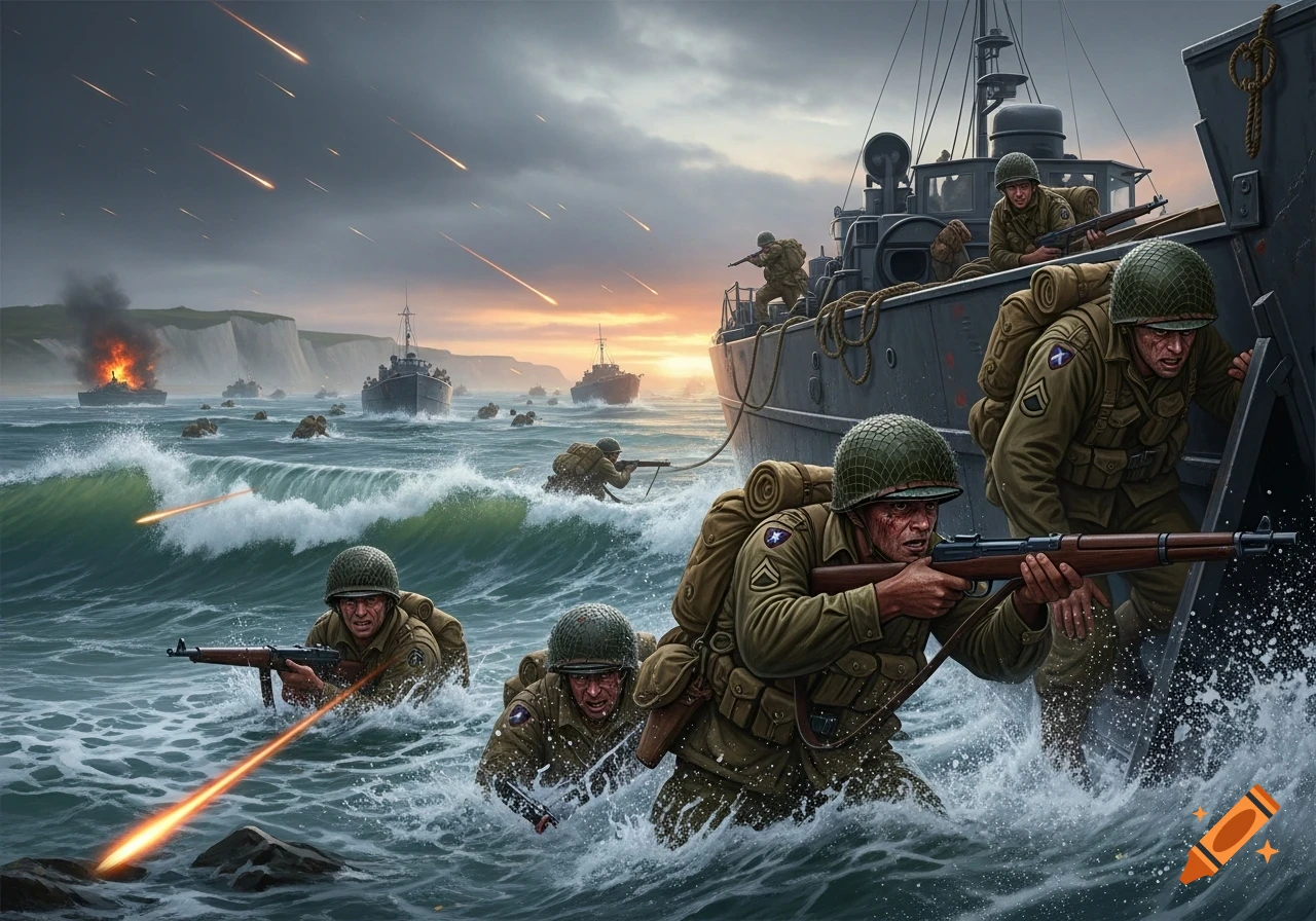 Soldiers in olive drab uniforms wade through ocean waves towards a beach during a battle, with landing crafts and explosions in the background.
