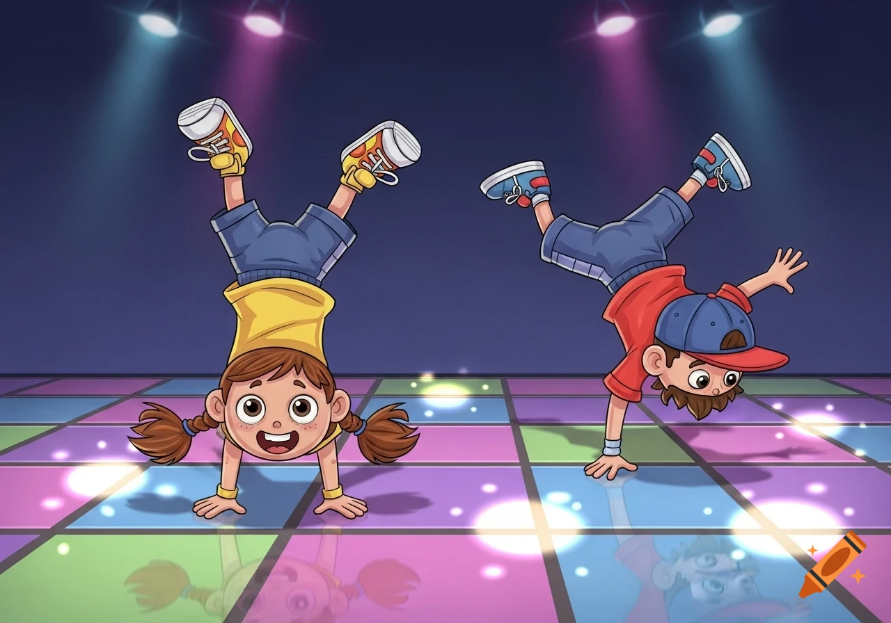 Two cartoon children doing handstands on a colorful glowing dance floor with spotlights overhead.