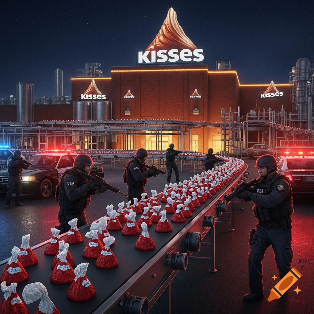 Photorealistic image of DEA agents raiding a Kisses chocolate factory at night, with armed officers next to a conveyor belt full of red and white packages.