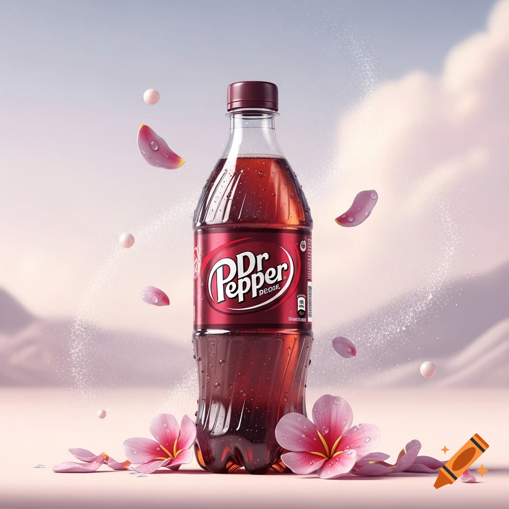 A condensation-covered Dr. Pepper soda bottle stands among pink cherry blossoms and floating petals against a soft, light background, photorealistic style.