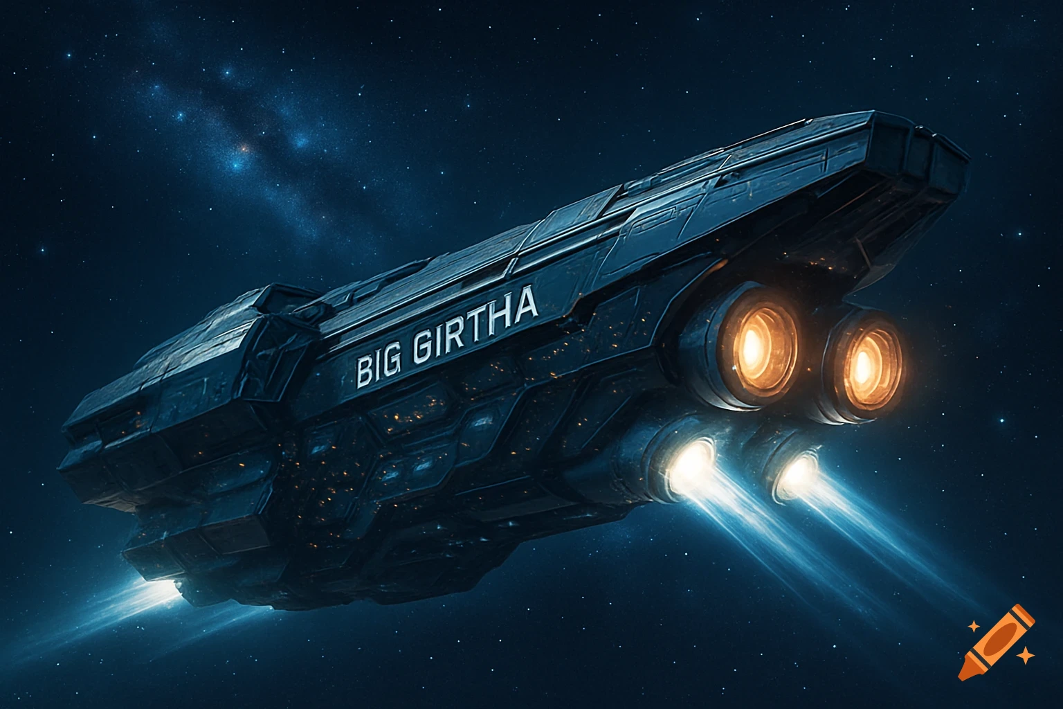 A dark metallic spaceship named "Big Girtha" flies through deep space, with bright engine glows and a starry nebula background.