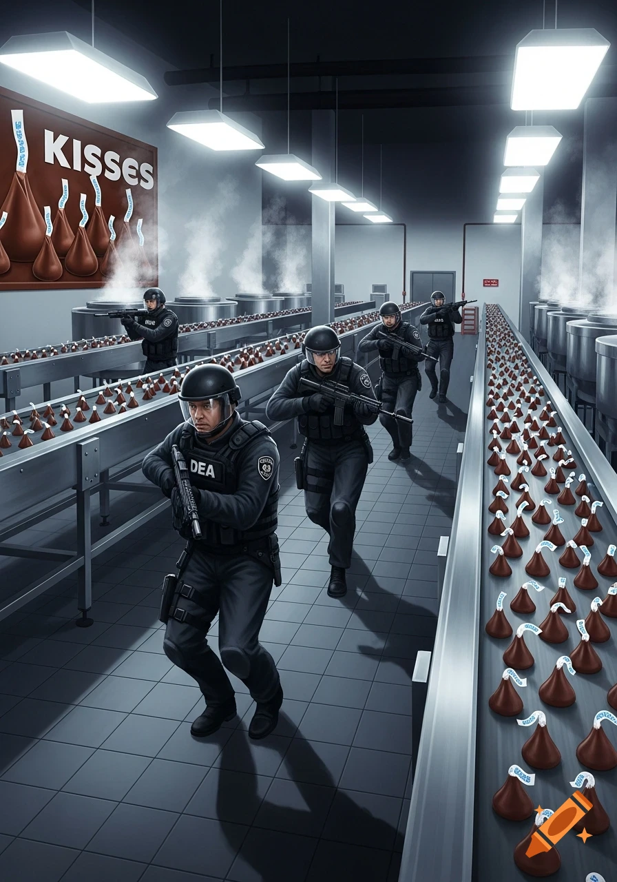 DEA agents with rifles raid a chocolate factory, with Hershey's Kisses moving along conveyor belts.