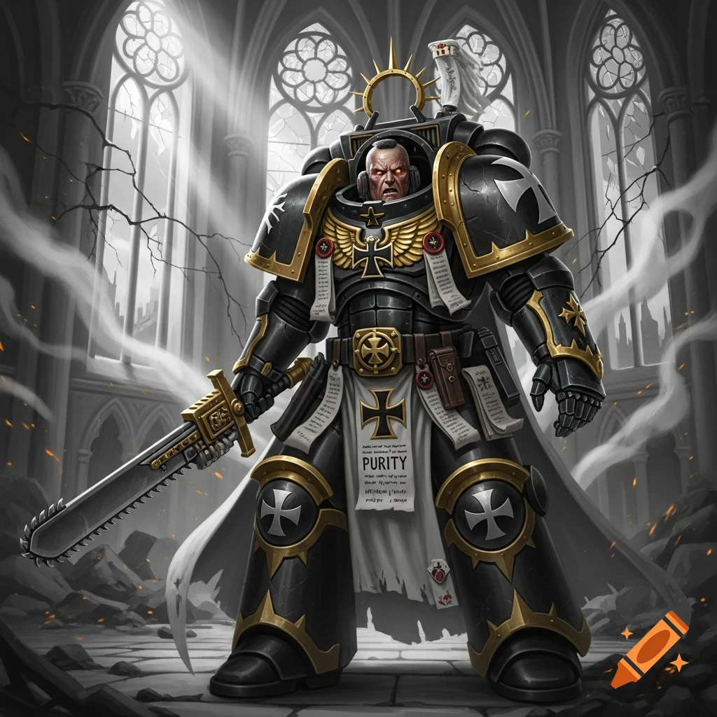 A grimdark Space Marine in black and gold power armor, holding a chainsword, stands in a ruined gothic cathedral.