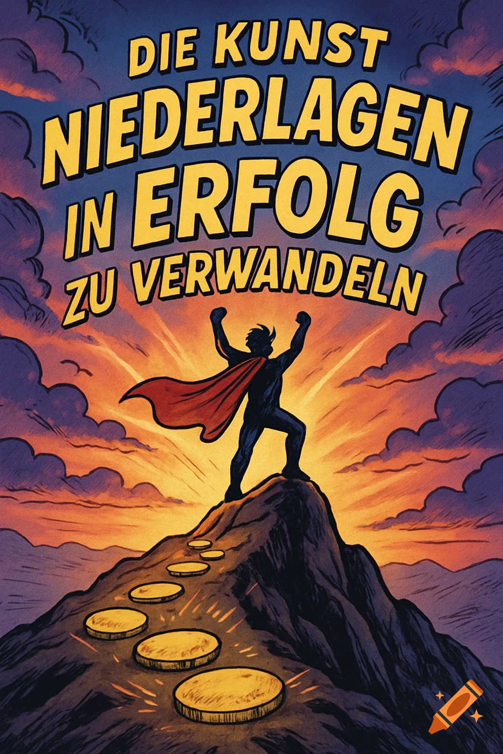Comic book style illustration of a superhero on a mountain peak at sunset, with 'Die Kunst Niederlagen in Erfolg zu verwandeln' text.
