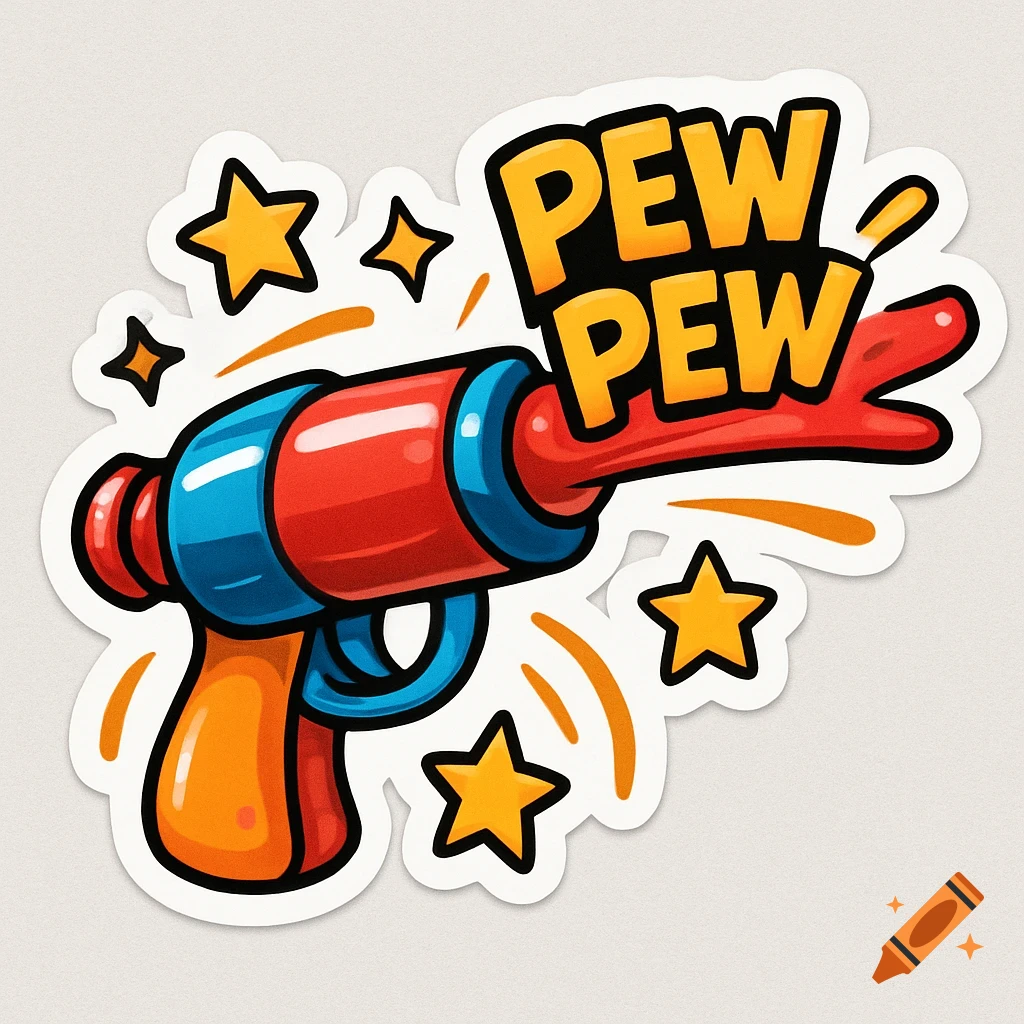 Cartoon sticker of a red and blue toy gun with yellow stars and 'PEW PEW' in a speech bubble.