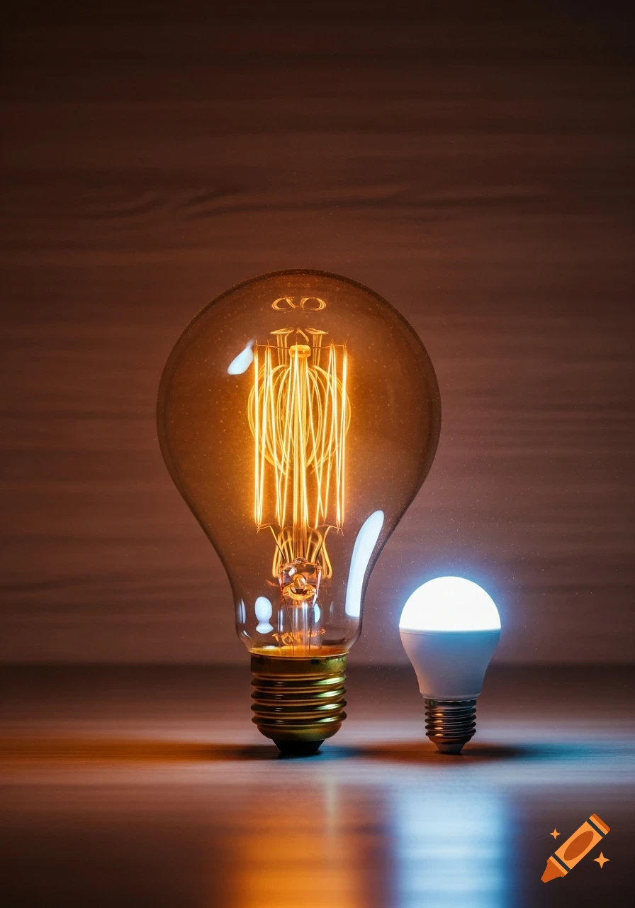 A large vintage Edison light bulb with glowing filaments stands next to a small, brightly lit modern LED bulb on a wooden surface.