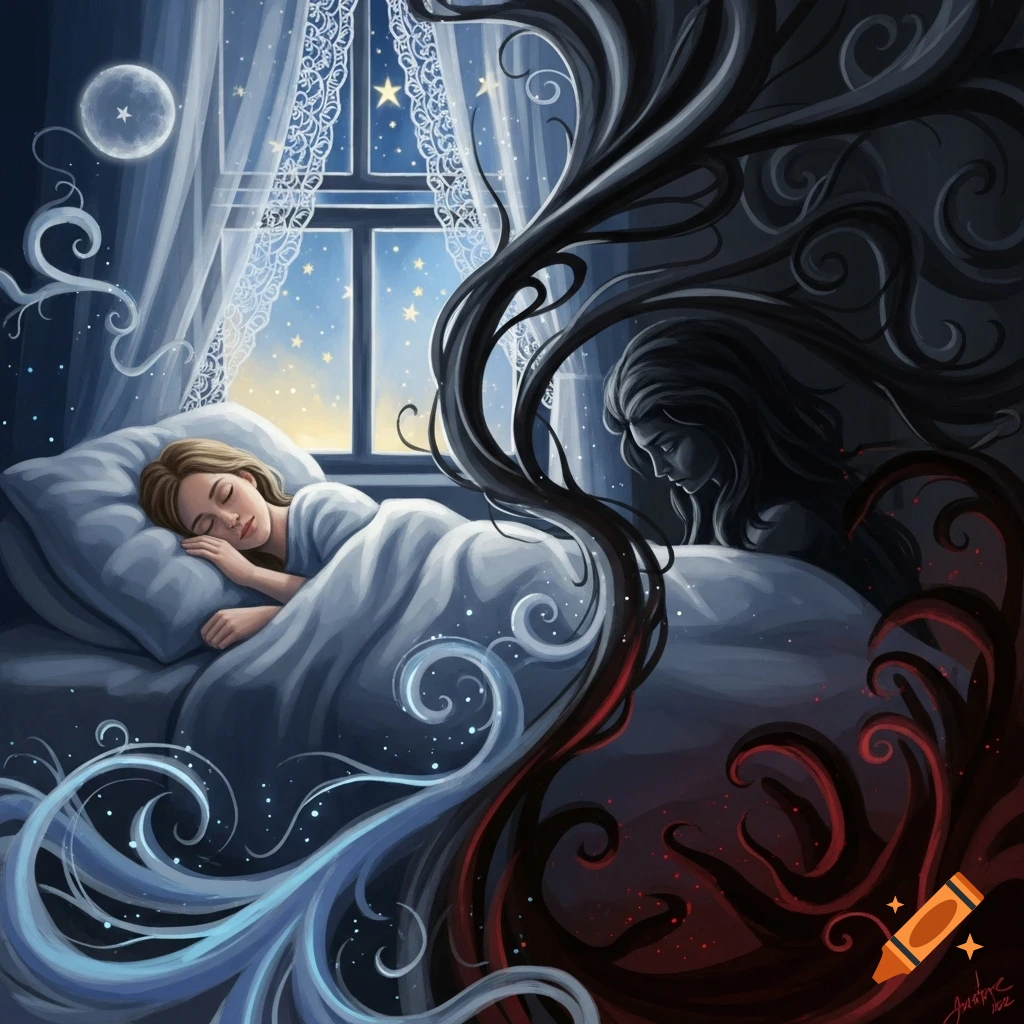 Dreamlike painting of a woman sleeping peacefully as blue light swirls around her, contrasted by a dark, shadowy figure and red tendrils.