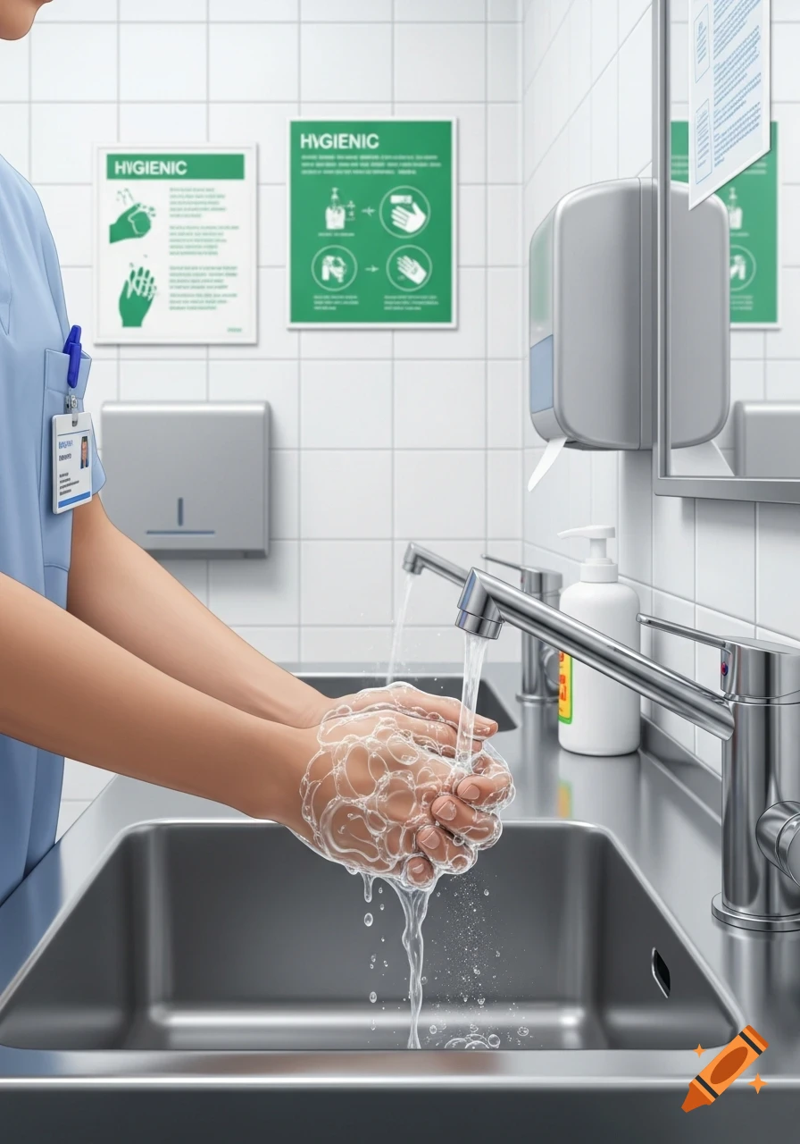 A healthcare worker washing hands with soap and water in a hospital sink, with hygiene signs in the background. Photorealistic style.