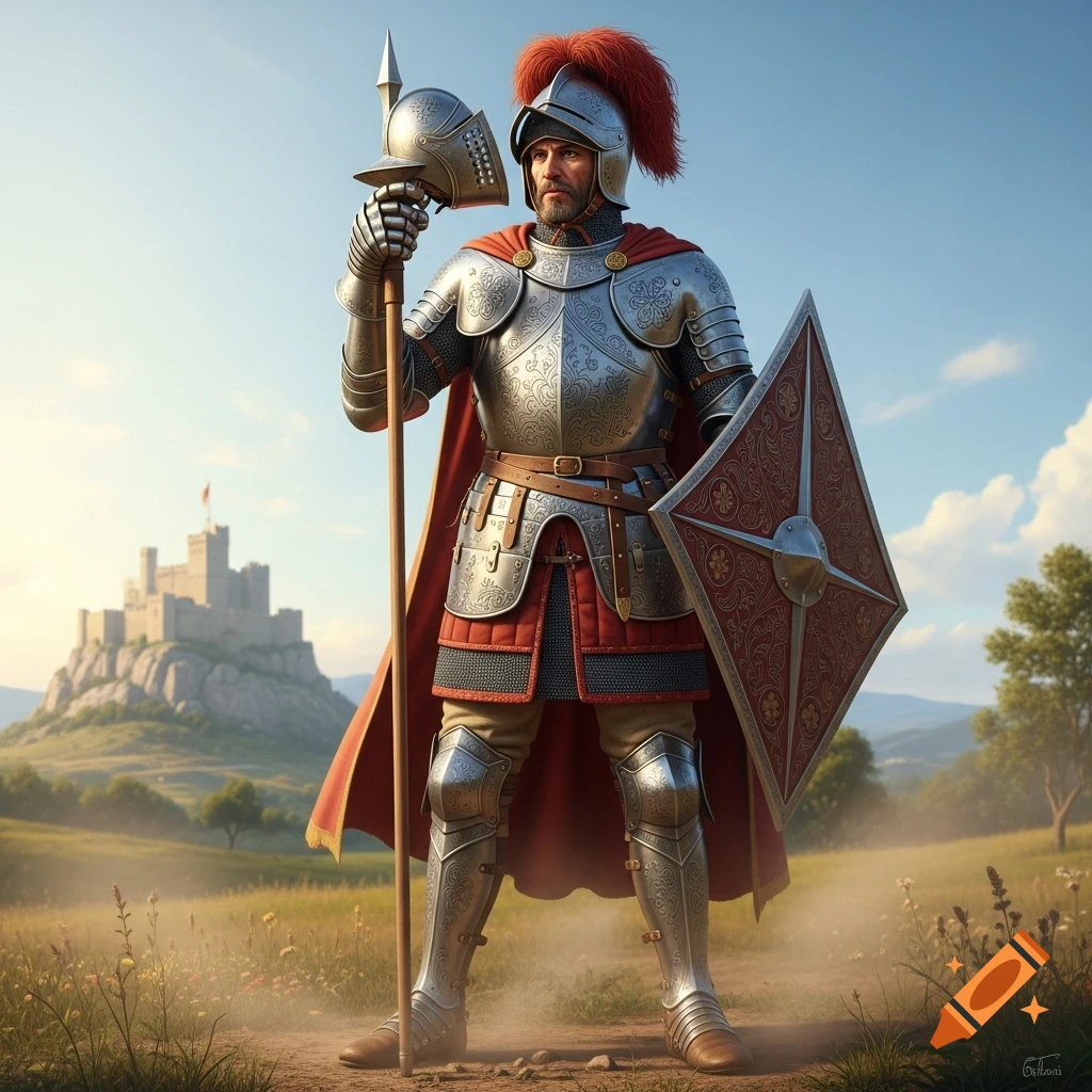 A photorealistic image of a knight in full silver armor with a red plume, holding a spear and shield, standing in a grassy field with a castle on a hill in the background.