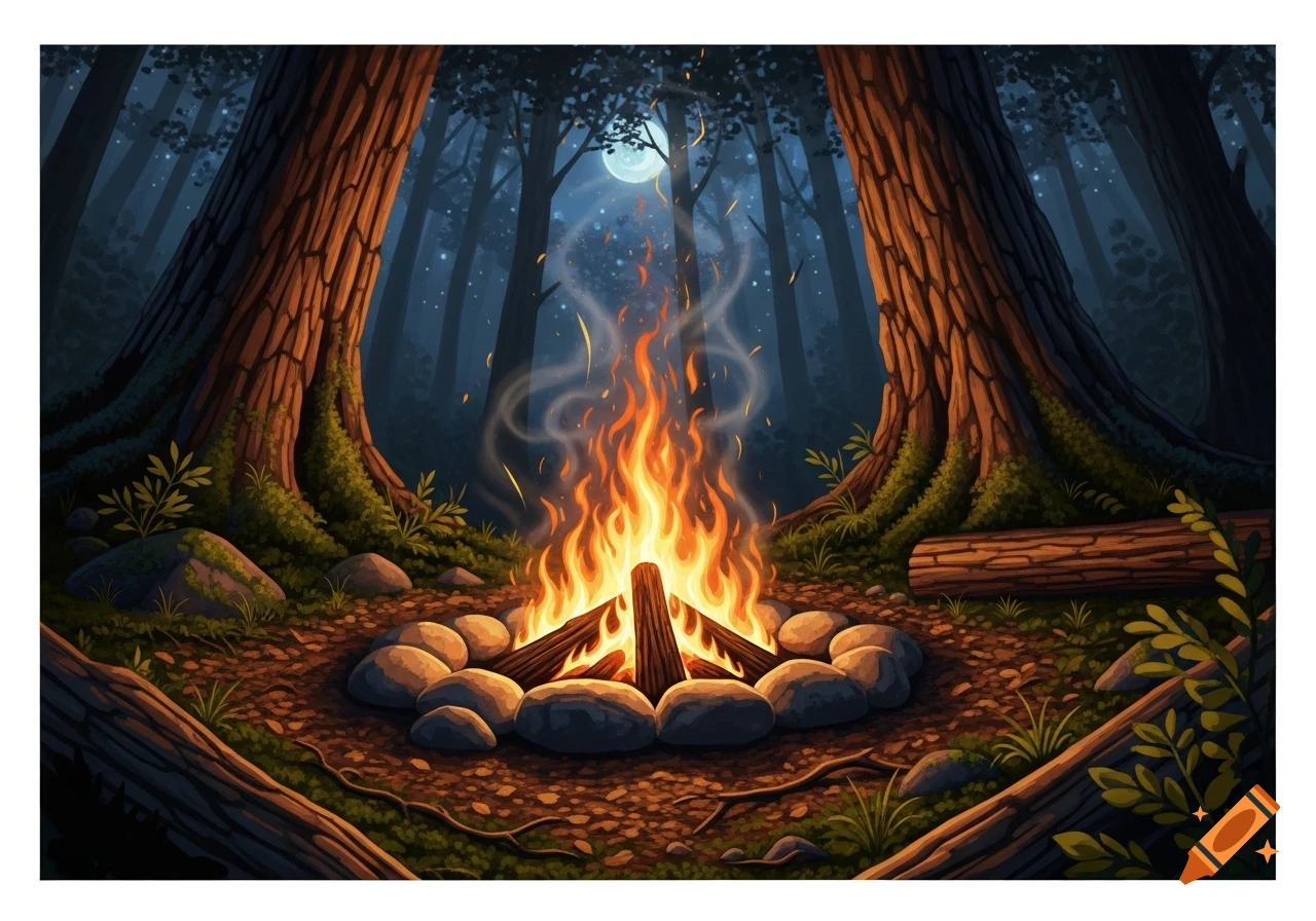 A brightly burning campfire encircled by stones in a dark, stylized forest under a full moon at night.