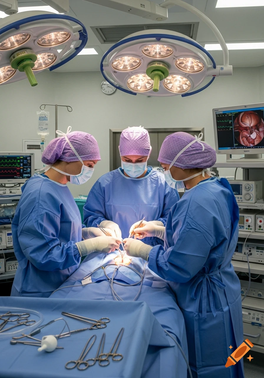Three female surgeons in blue scrubs and purple caps perform a procedure under bright lights in an operating room, with monitors and instruments visible.