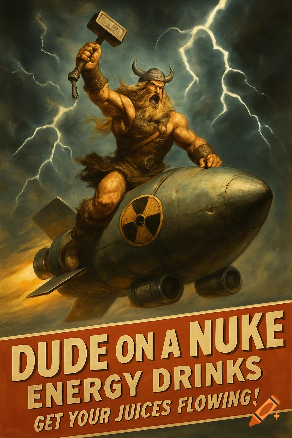 A muscular viking warrior with a hammer rides a nuclear missile through a stormy sky, above a retro banner reading 'Dude on a Nuke Energy Drinks'.