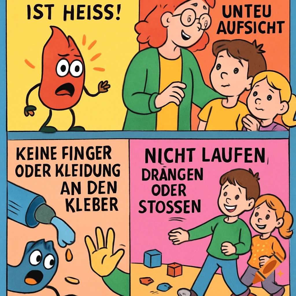 A four-panel cartoon safety poster in German for hot glue. Panels show a hot pepper character, an adult supervising children, hands avoiding glue, and children walking carefully.