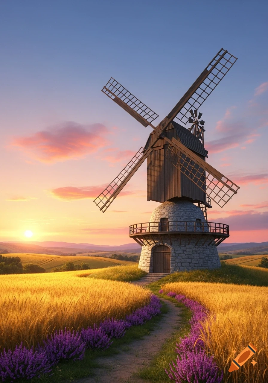 A photorealistic windmill stands in a golden wheat field with a purple flower-lined path at sunset, under an orange sky.