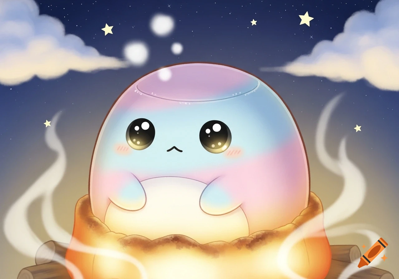 A cute, pastel-colored blob creature with big eyes sits on a campfire under a starry night sky, in a cartoon illustration.
