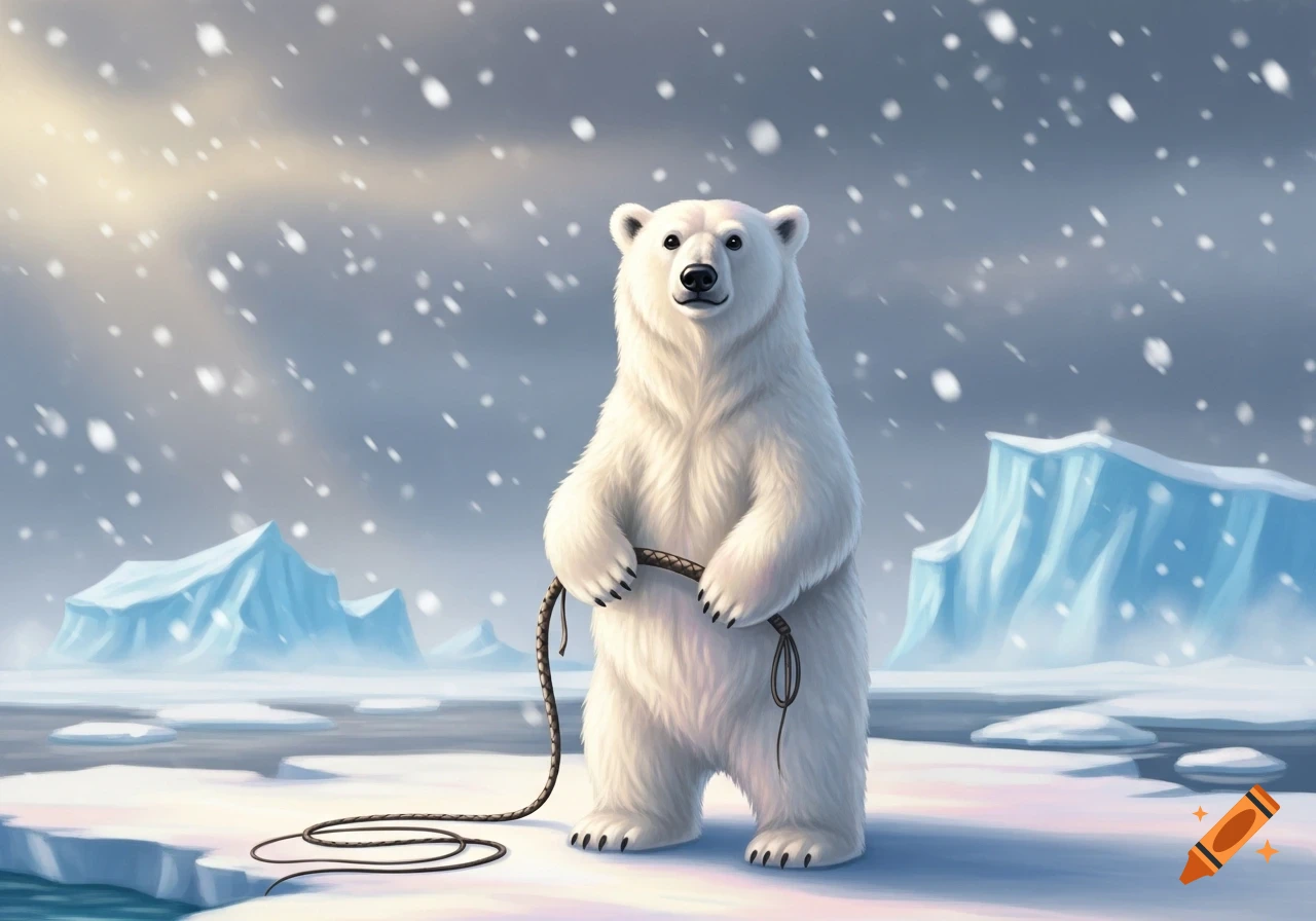 Cute stylized polar bear standing on ice, holding a coiled whip, with icebergs and falling snow.