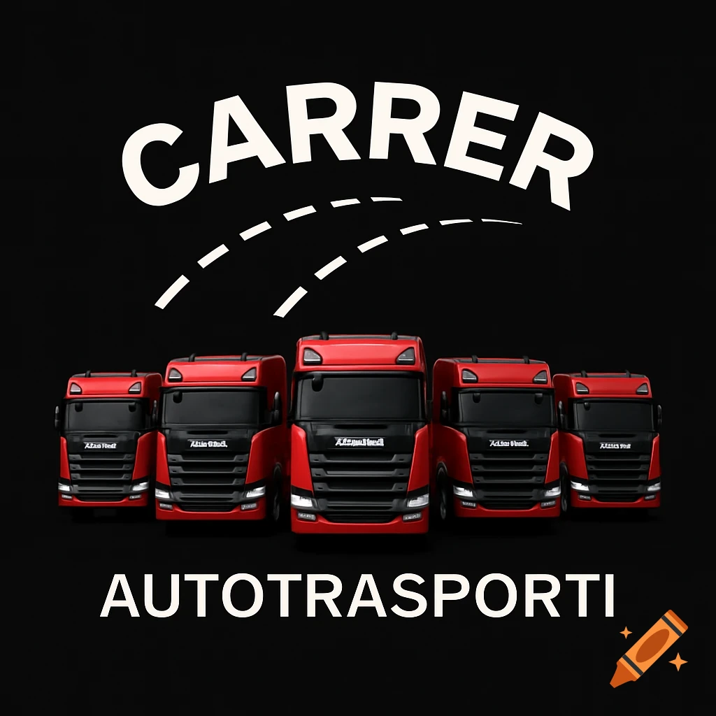 A modern, professional logo on a black background features the white word "CARRER" above a curving dashed road line, over five red semi-trucks, with "AUTOTRASPORTI" below them.