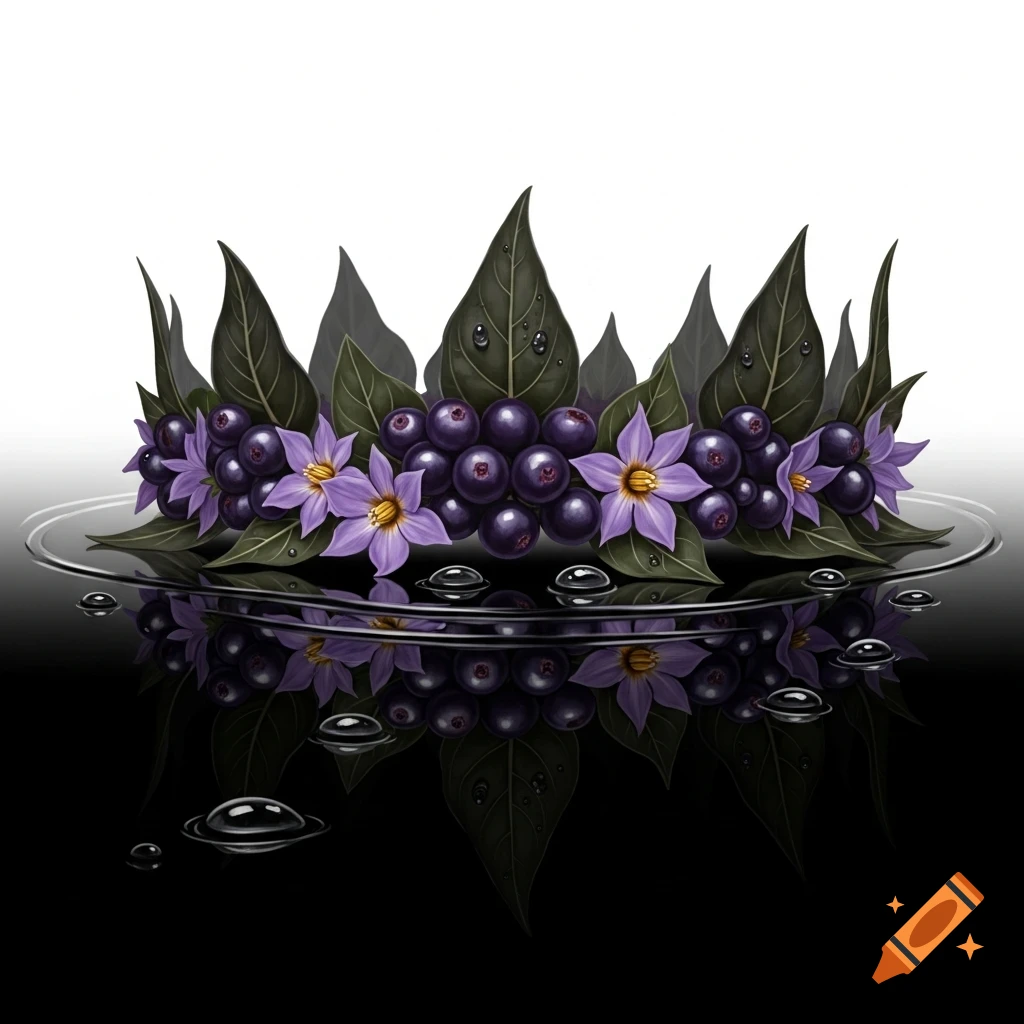 Stylized crown of dark purple berries, light purple flowers, and green leaves with water droplets, reflecting in a black puddle.