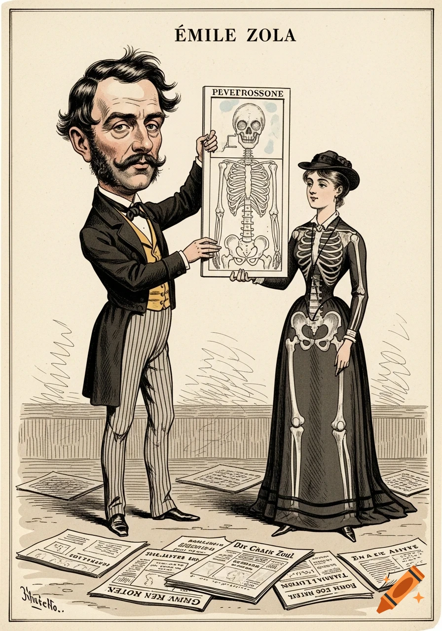 A 19th-century caricature of Émile Zola with a large head, holding an X-ray of a skeleton, standing next to a woman whose dress reveals her skeleton. Newspapers are scattered on the floor.