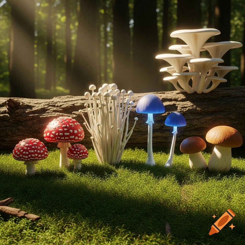 Various colorful and white mushrooms on a mossy forest floor with a log and sun rays in the background, photorealistic style.