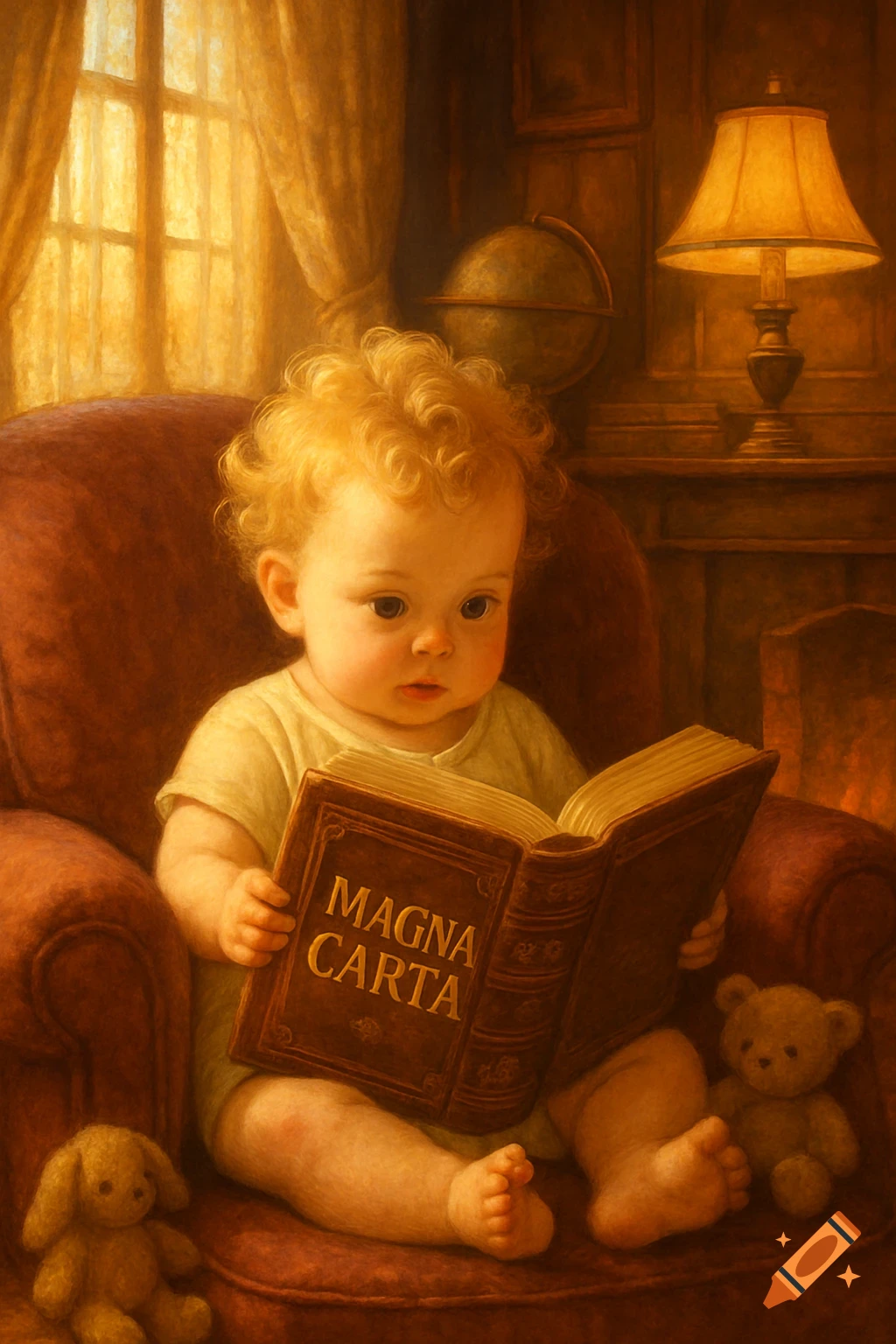 A cute baby with curly blonde hair sits in a large armchair, engrossed in reading a book titled 'Magna Carta', with two stuffed animals nearby.