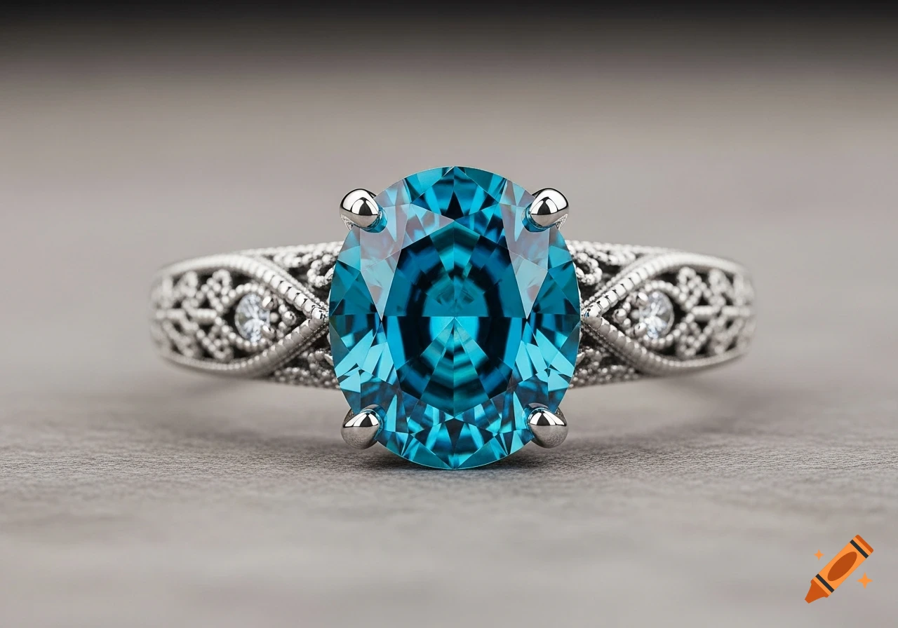 A close-up, photorealistic image of an oval blue gemstone ring with intricate silver filigree and small diamonds on the band.