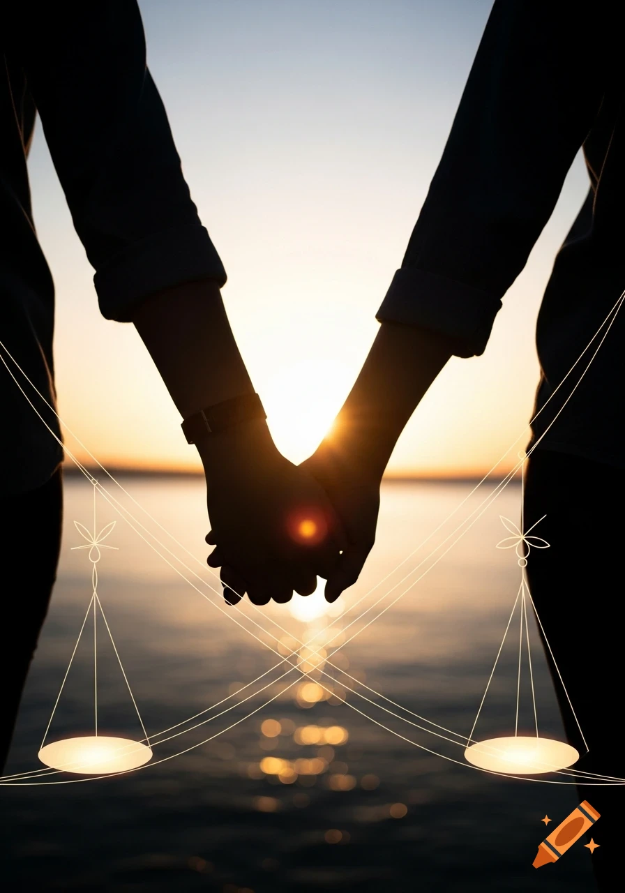 Silhouettes of two people holding hands at sunset, featuring abstract glowing scales.