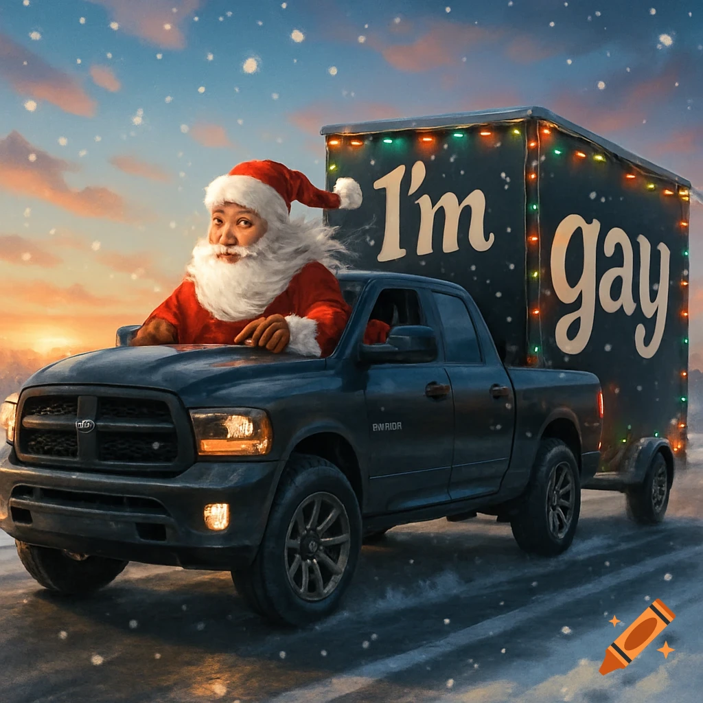 Santa drives a black pickup truck on a snowy road, pulling a trailer decorated with Christmas lights and the text 'I'm gay' at sunset.