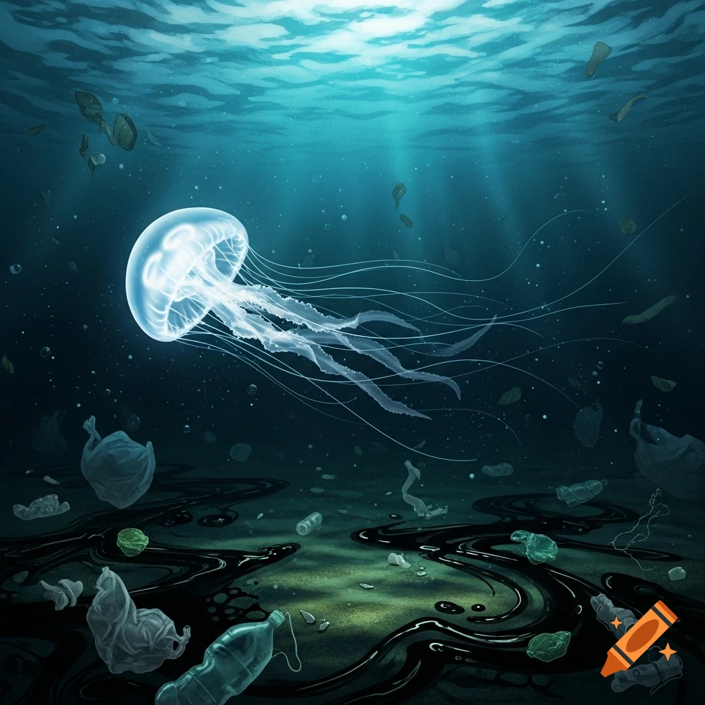 A luminous jellyfish swims in a dark, polluted ocean, surrounded by plastic waste and oil spills, with light rays from above.