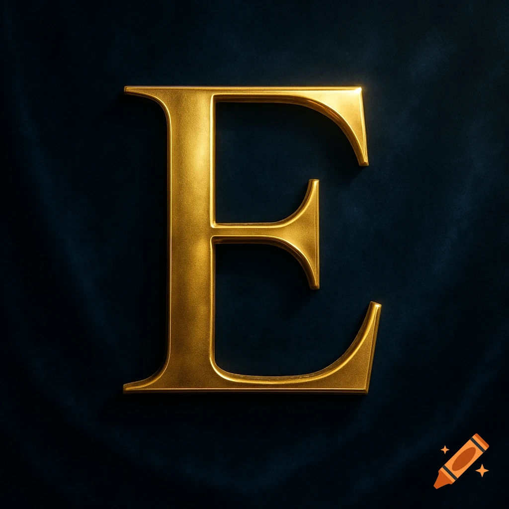 A shiny, three-dimensional golden letter E on a dark, textured background.