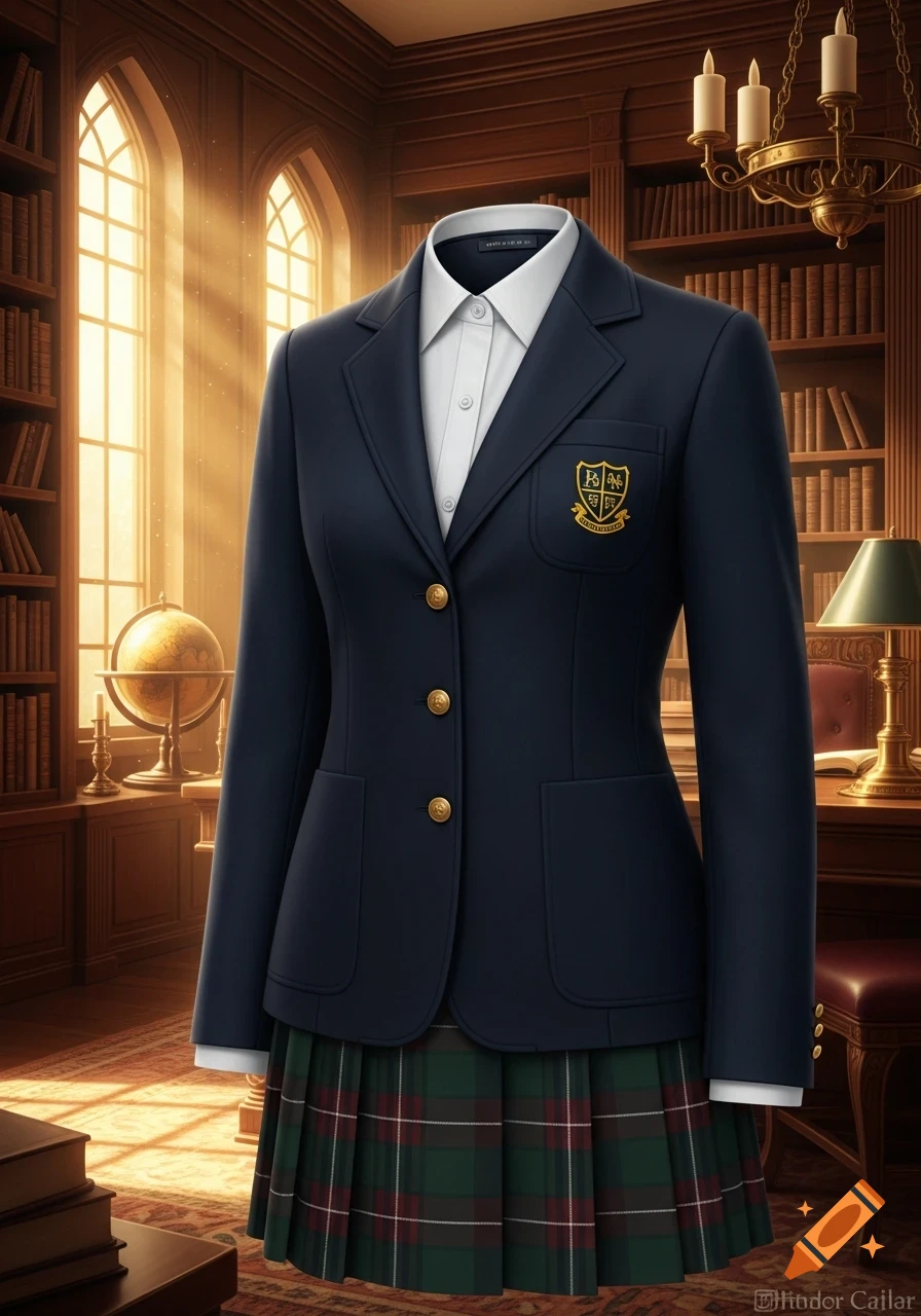 A headless school uniform featuring a navy blue blazer with a gold crest, a white shirt, and a green plaid skirt, standing in a sunlit library.