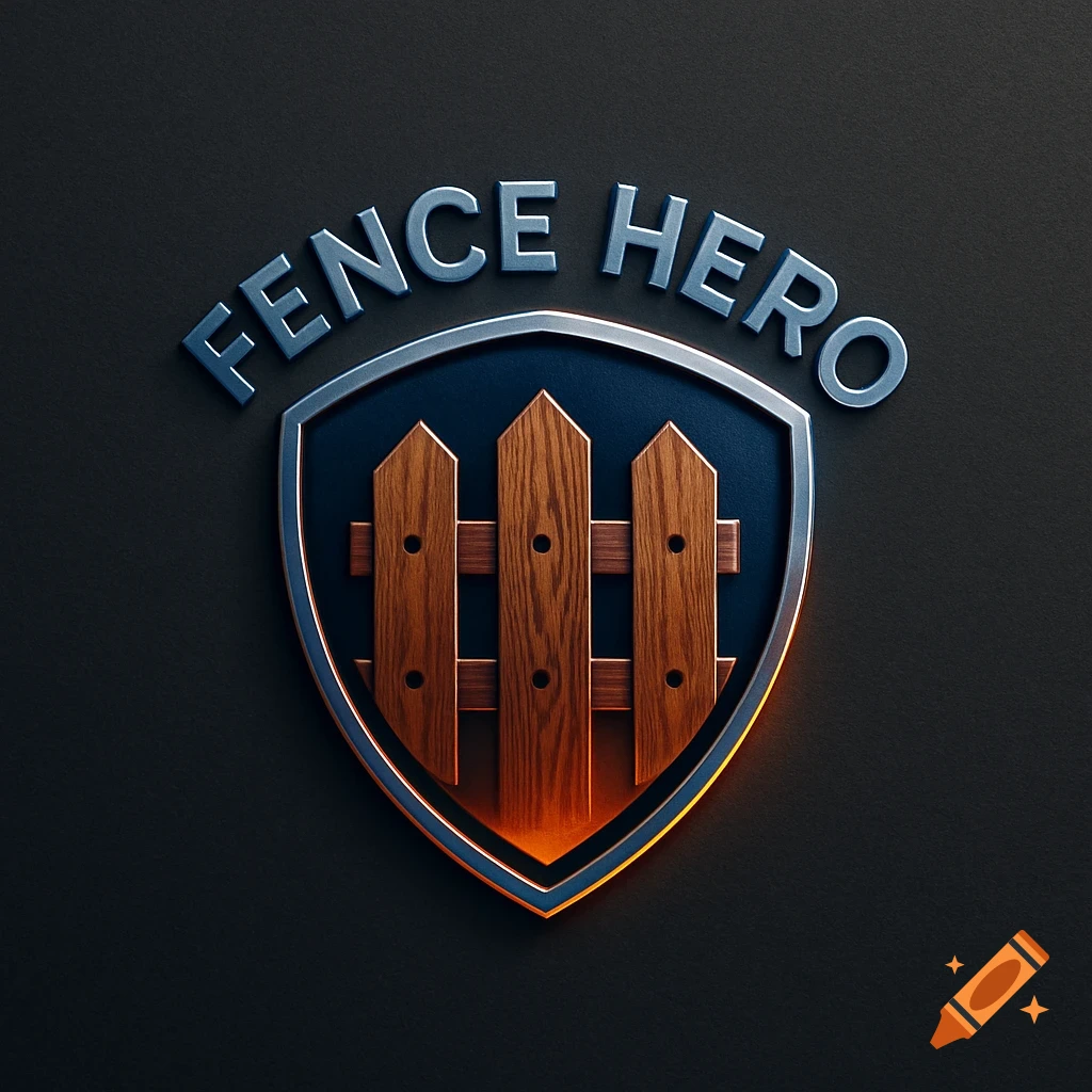 A dark logo with silver text 'FENCE HERO' above a shield featuring a wooden fence design with an orange glow.