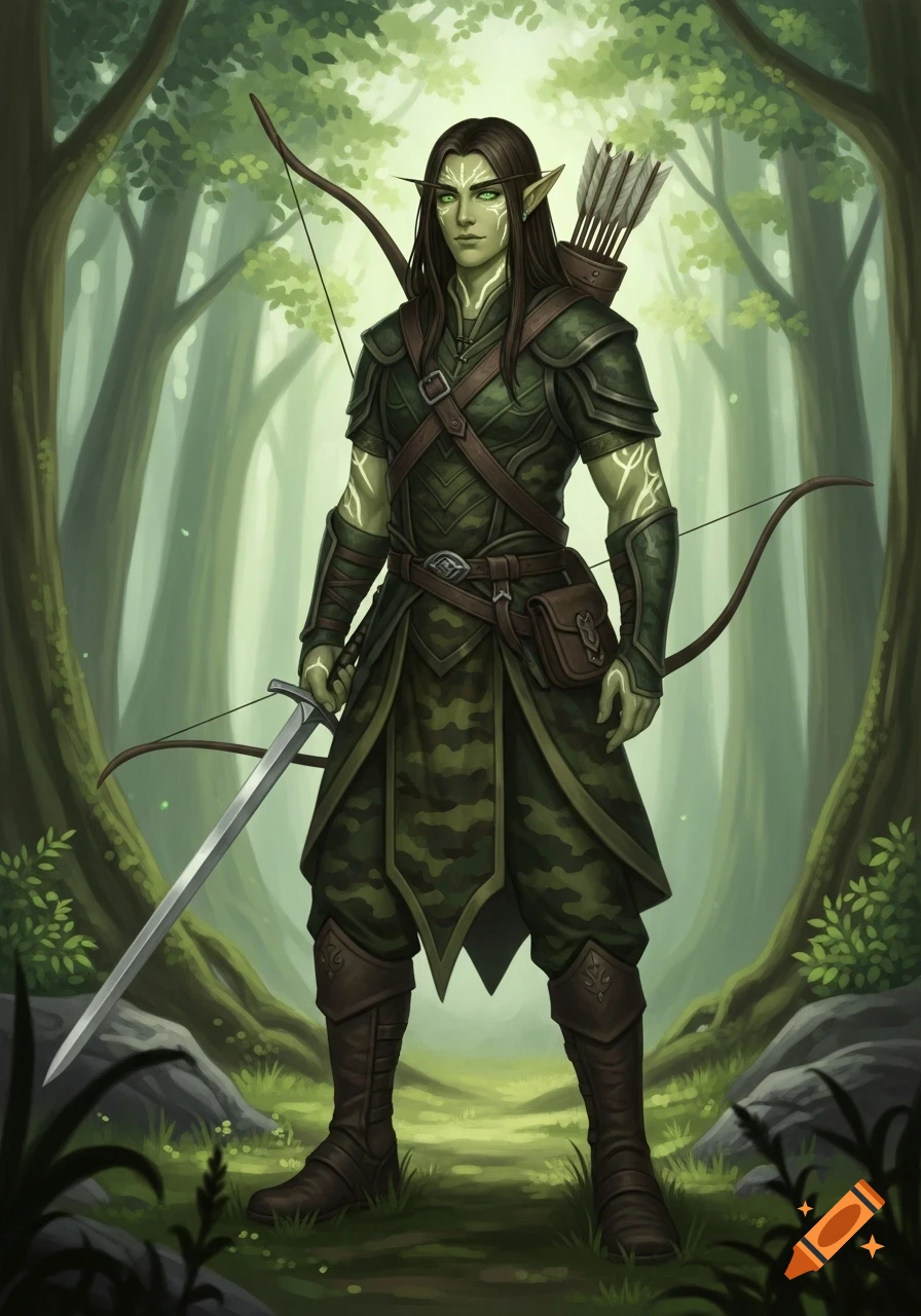 A male wood elf warrior with long dark brown hair, green skin, and glowing markings, holding a sword and bow in a forest.
