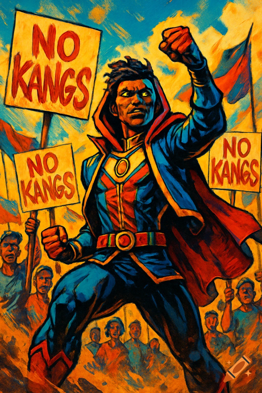 A dark-skinned superhero-like character with a raised fist leads a vibrant, painterly protest. Signs read 'NO KANGS'.