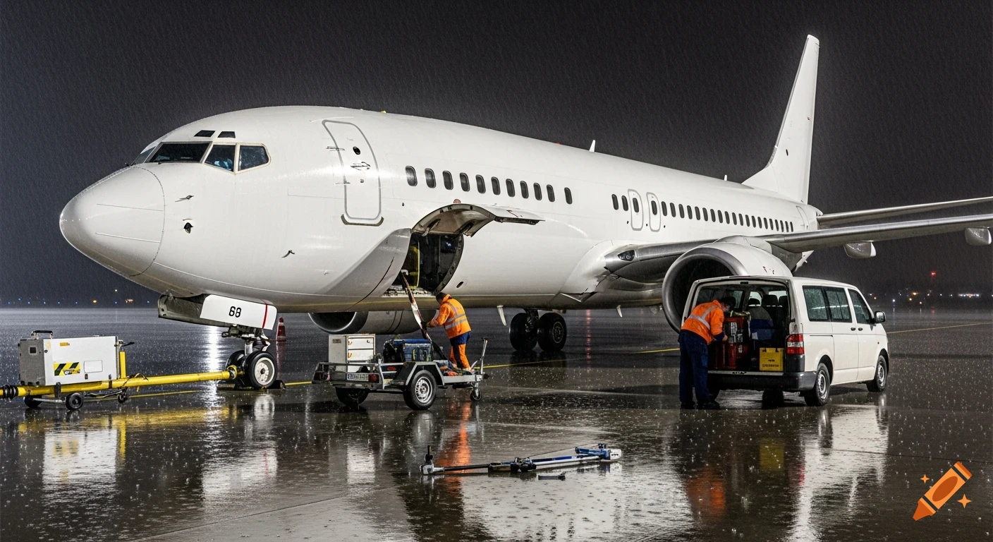 An ultra-realistic professional photo of a white Boeing 737 NG aircraft on a wet tarmac at night in heavy rain, with ground crew working around it.
