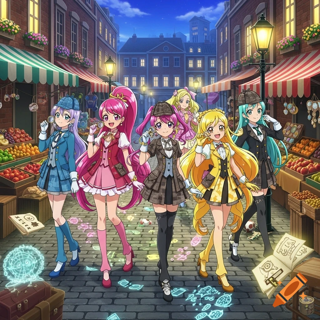 Anime illustration of five colorful girls in detective outfits holding magnifying glasses in a street market at dusk.