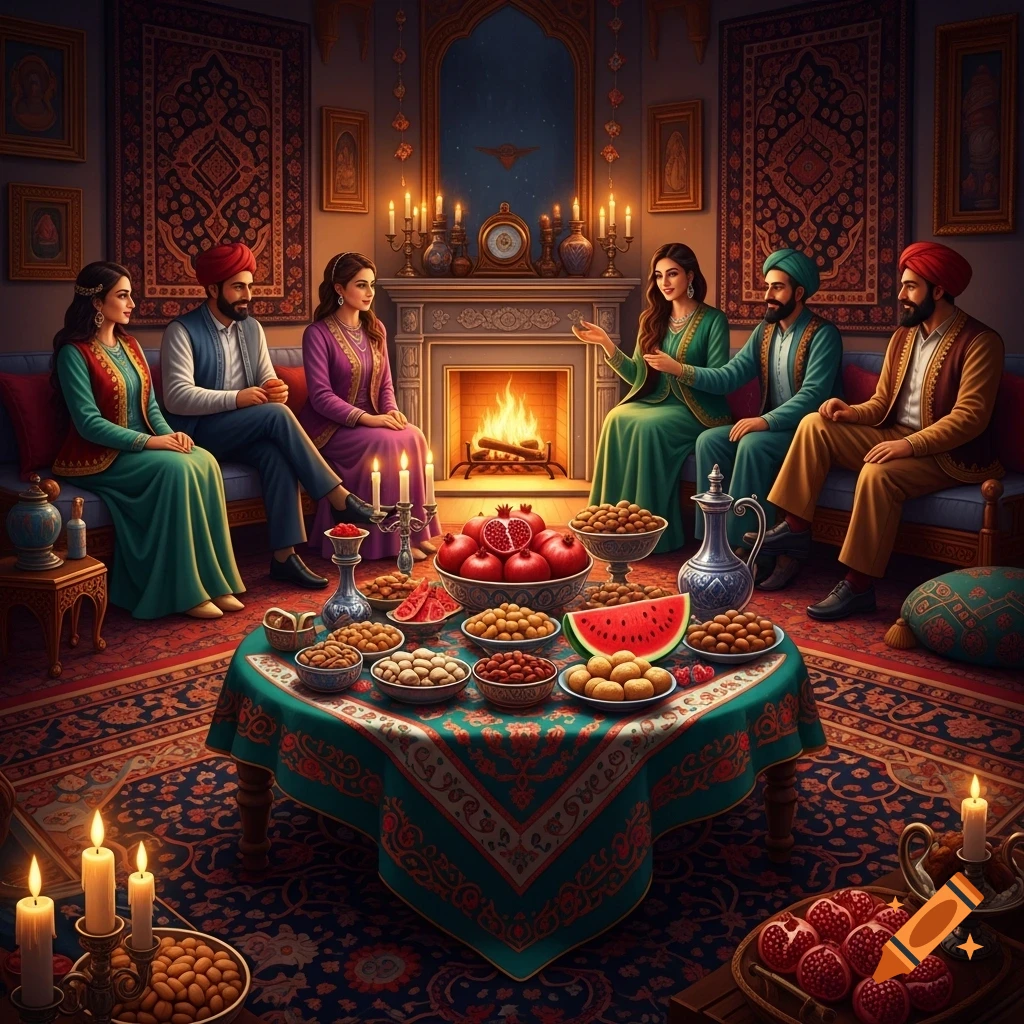 Six people in traditional attire celebrate Yalda Night in a richly decorated room, gathered around a table with pomegranates, watermelon, and nuts, by a fireplace.