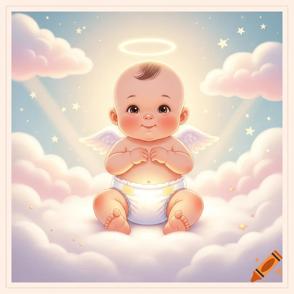 Cute cartoon baby angel with a halo and wings, wearing a diaper, sitting on pink and white clouds in a starry sky.