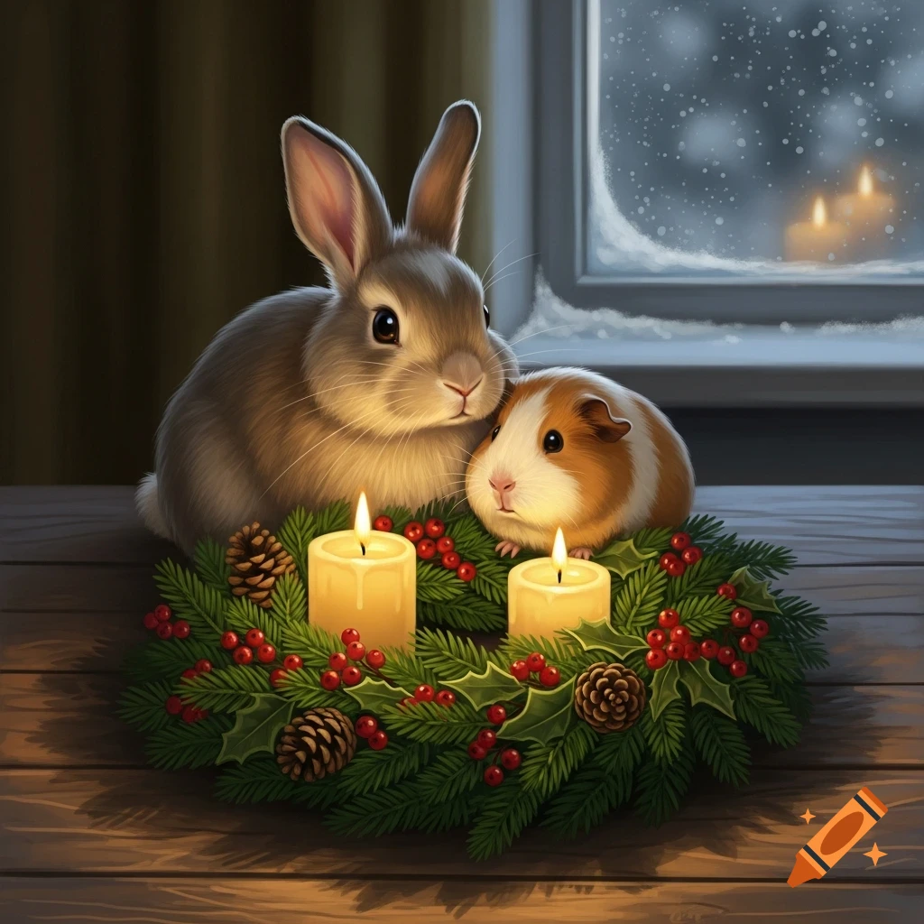 A rabbit and guinea pig sit behind a lit Christmas wreath on a wooden table, with a snowy window in the background.