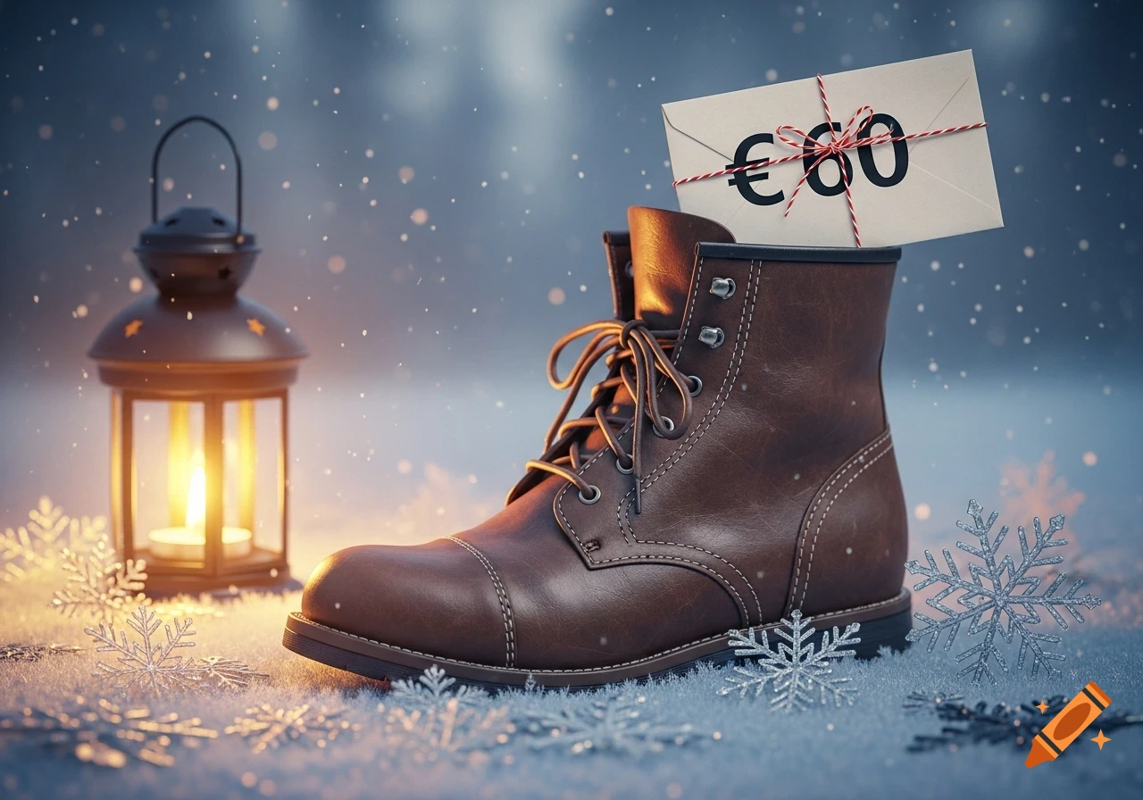 A brown leather boot in snow with a lit lantern and an envelope showing '€60', photorealistic style.