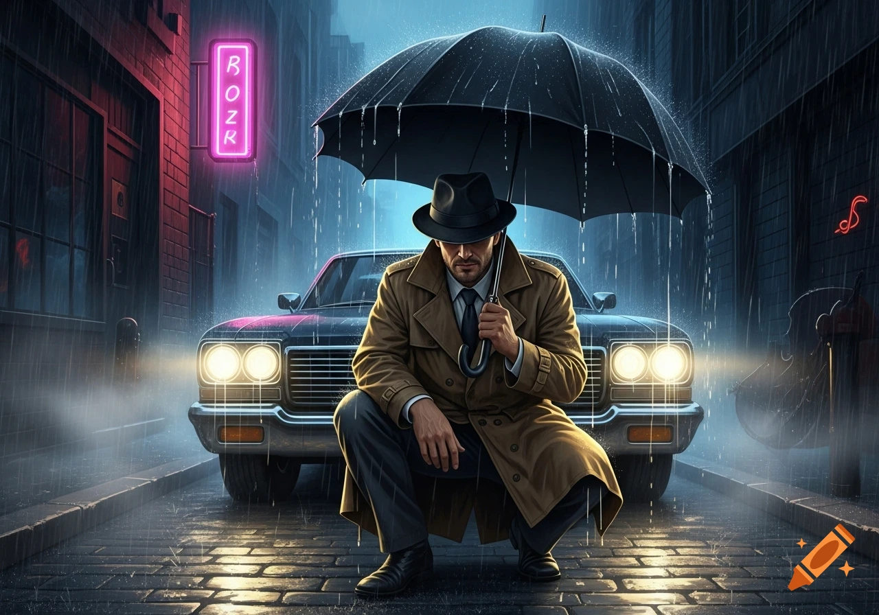 A man in a trench coat and fedora squats under an umbrella in the rain, in front of a classic car on a city street at night, with a neon sign glowing pink.