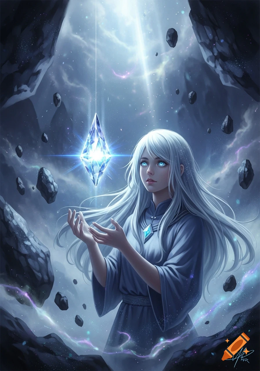 A white-haired anime girl with glowing blue eyes gazes at a bright blue crystal floating in a cosmic cave with meteorites.