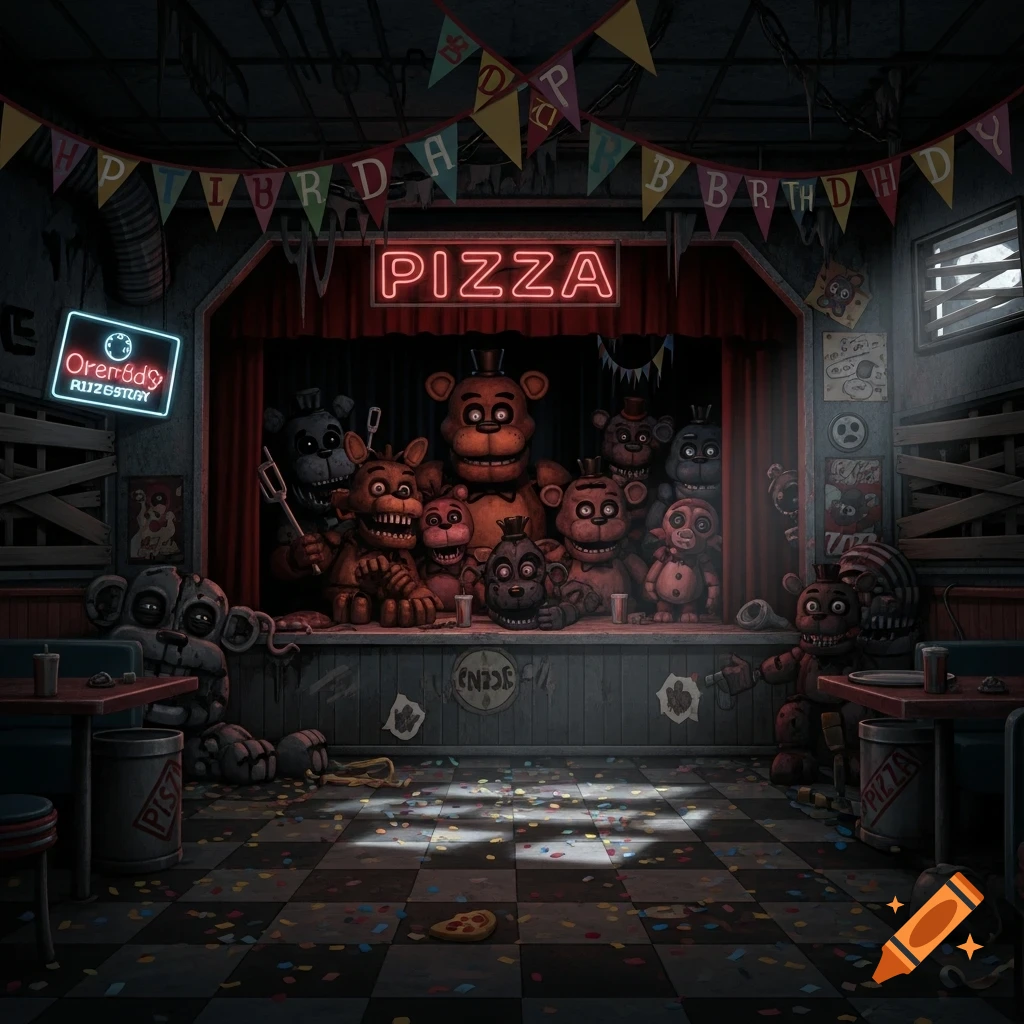 Dark, eerie pizzeria interior with numerous animatronic characters, including Freddy Fazbear, on a stage under a neon "PIZZA" sign and tattered banners. Confetti litters the floor.