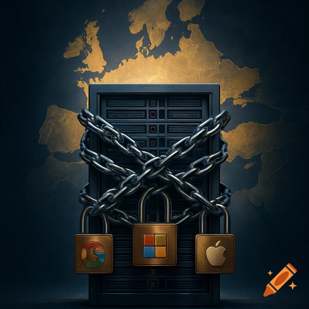 A server rack secured with chains and padlocks bearing Google, Microsoft, and Apple logos, set against a golden map of Europe.