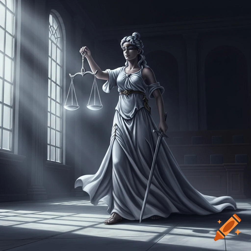 Blindfolded Lady Justice stands in a dark hall, holding scales and a sword, with dramatic light from tall windows.