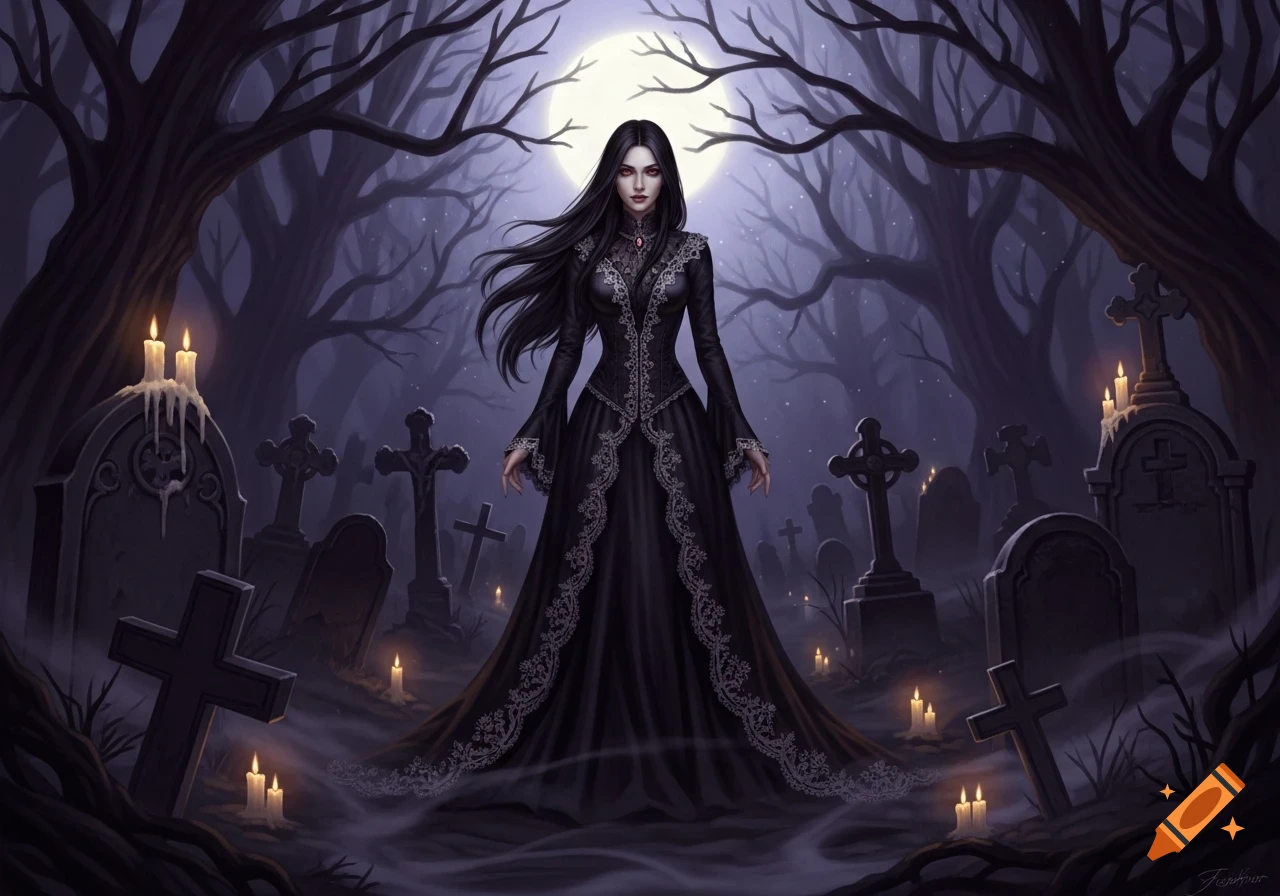 A gothic woman in a black dress stands in a moonlit cemetery among tombstones and candles, in a digital painting style.