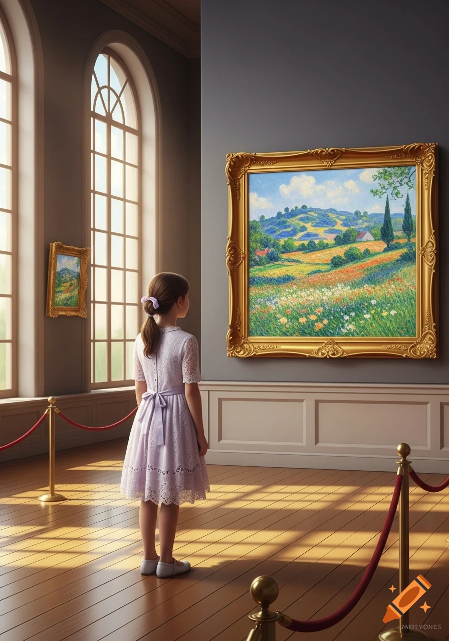 Young girl in a lavender dress stands in a sunlit art museum, gazing at a large framed landscape painting.